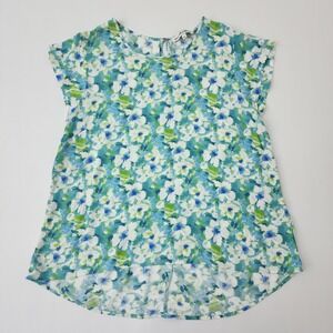 Ava Christine Womens XL Floral Cap Sleeve Blouse Blue Green Watercolor High Low